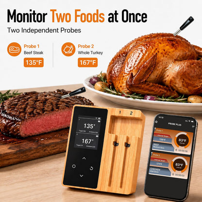 Wireless Bluetooth Meat Thermometer with Wooden Display Base, Dual Probe Leave-in Cooking Thermometer for Thick Cuts, BBQ Grill Smoker Oven Air Fryer, App Alerts, Birthday Gift for Men & BBQ Lovers