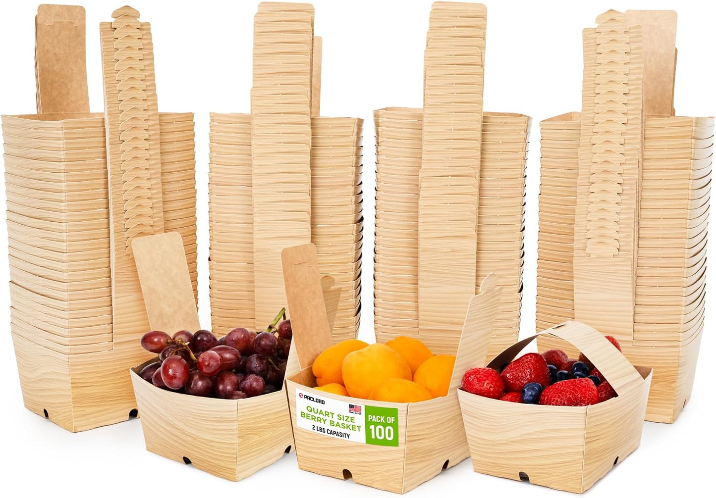 USA-Made Quart-Size Berry Baskets with Handles, Pack of 25 - 2 lbs Capacity Produce Basket for Fruits, Berries & Veggies - Premium Berry Container for Farmers Markets or Product Displays