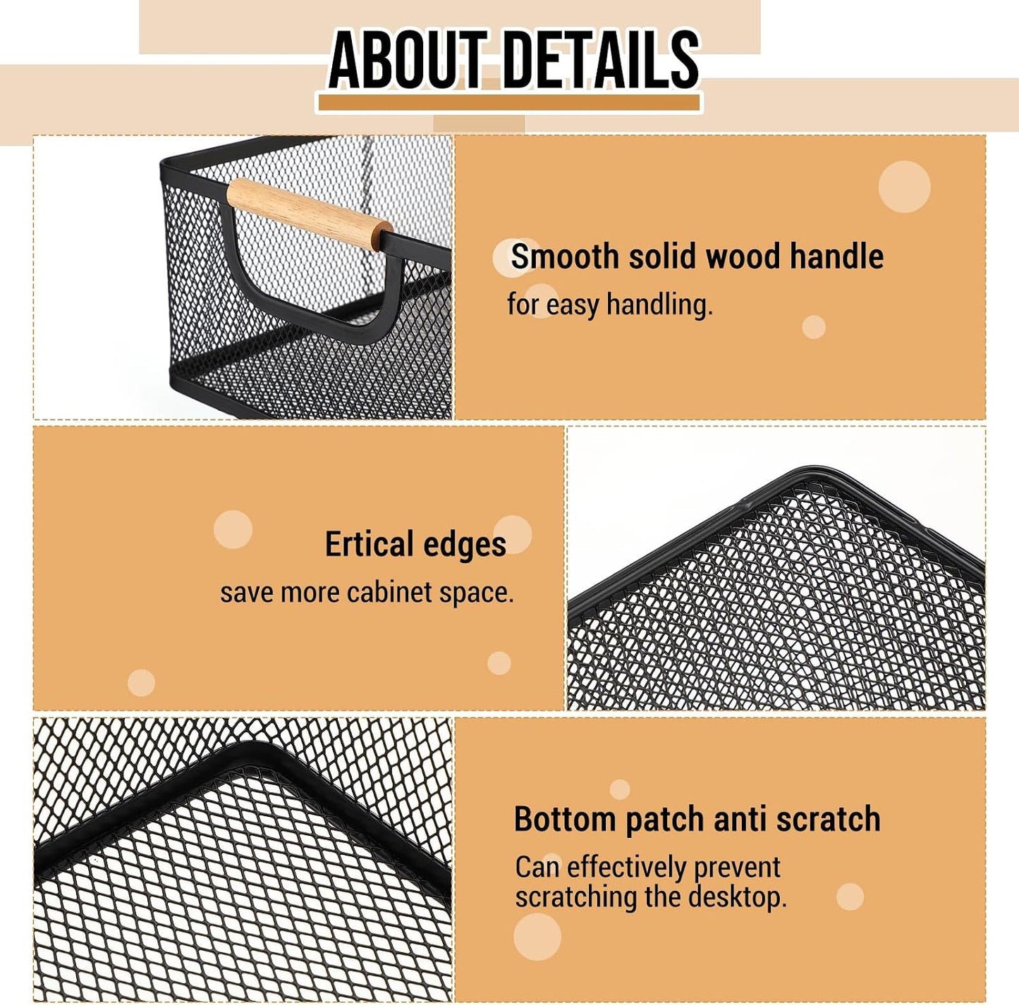Rtteri 4 Pack White Metal Wire Basket with Wood Handle 2 Size Large Metal Mesh Basket Stackable Wire Storage Bin for Pantry Food Snacks Storage Kitchen Organizing