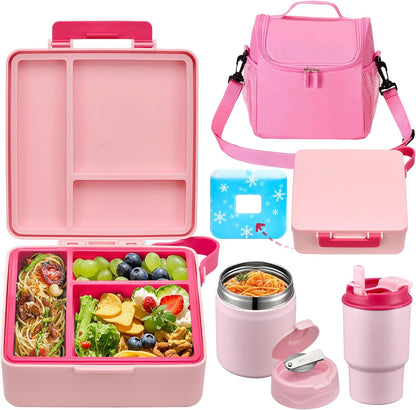 Bento Lunch Box for Kids with 17oz Soup Thermo,Insulated Tumbler Water Bottle and Insulated Lunch Bag,Leak-Proof 3 Compartment Lunch Food Container with Ice Pack for Kids to School-Horse