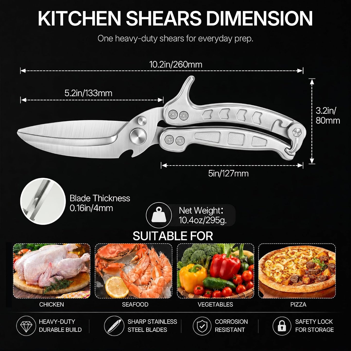 Kitchen Scissors All Purpose, Stainless Steel Heavy Duty Kitchen Shears for Cutting Food-Chicken,Meat,Poultry,Bone and Turkey Multifunctional Kitchen Scissors With Satety Lock