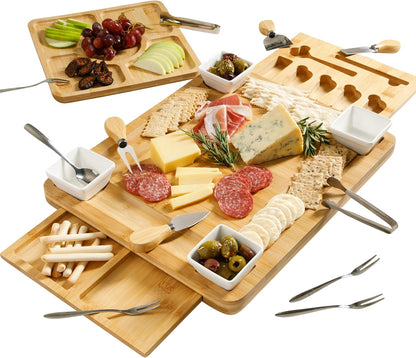 Gibson Home Rustic Inspirations 18-Piece Bamboo Charcuterie Board Set for Serving – Large Cheese & Fruit Tray with Hidden Drawer Ceramic Bowls Utensils – Gift for Entertaining Housewarming Holidays