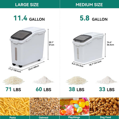 YITAHOME 50L/90lb Large Ingredient Flour Storage Bin, Commercial 11.4-Gallon Rice Storage Container 280 Cups Bulk Flour storage Bins with Wheels,Scoop,Lid and scale, Rice Bin for Kitchen, White