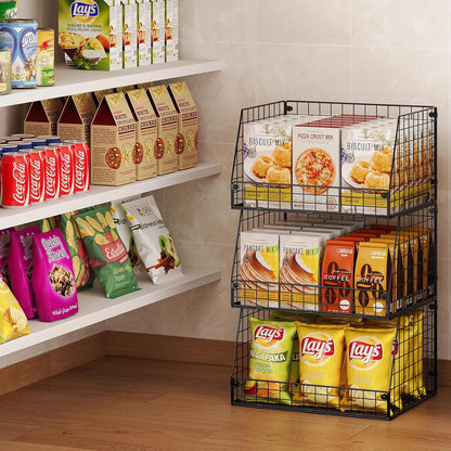 Jakyitvi 4 Pack XXL Stackable Wire Storage Basket, Extra Large Capacity Pantry Organizer and Storage, Muti-Purpose for Vegetable Fruit Basket & Can Organizer & Snack Rack & Metal Pantry Bin