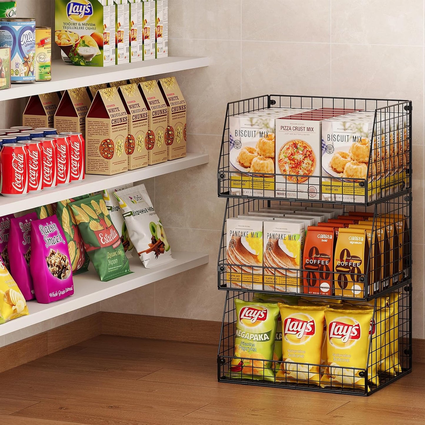 Jakyitvi 4 Pack XXL Stackable Wire Storage Basket, Extra Large Capacity Pantry Organizer and Storage, Muti-Purpose for Vegetable Fruit Basket & Can Organizer & Snack Rack & Metal Pantry Bin
