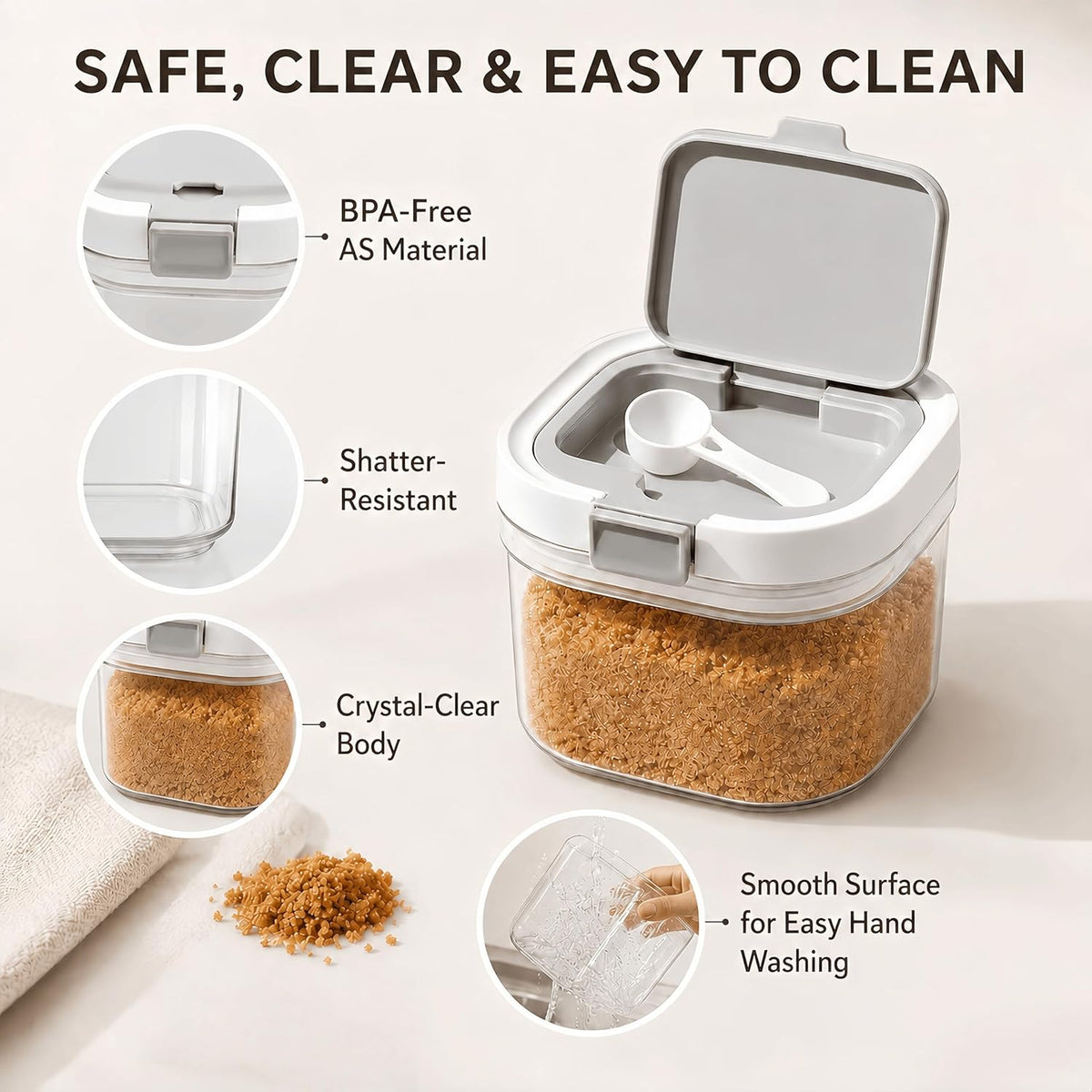 Airtight Brown Sugar Container with Spoon - 27 Fl Oz (800ml) Clear Storage Jar for Pantry - BPA-Free AS Material Perfect for Ground Coffee (Holds 12 oz Weight), Beans, Flour & Tea