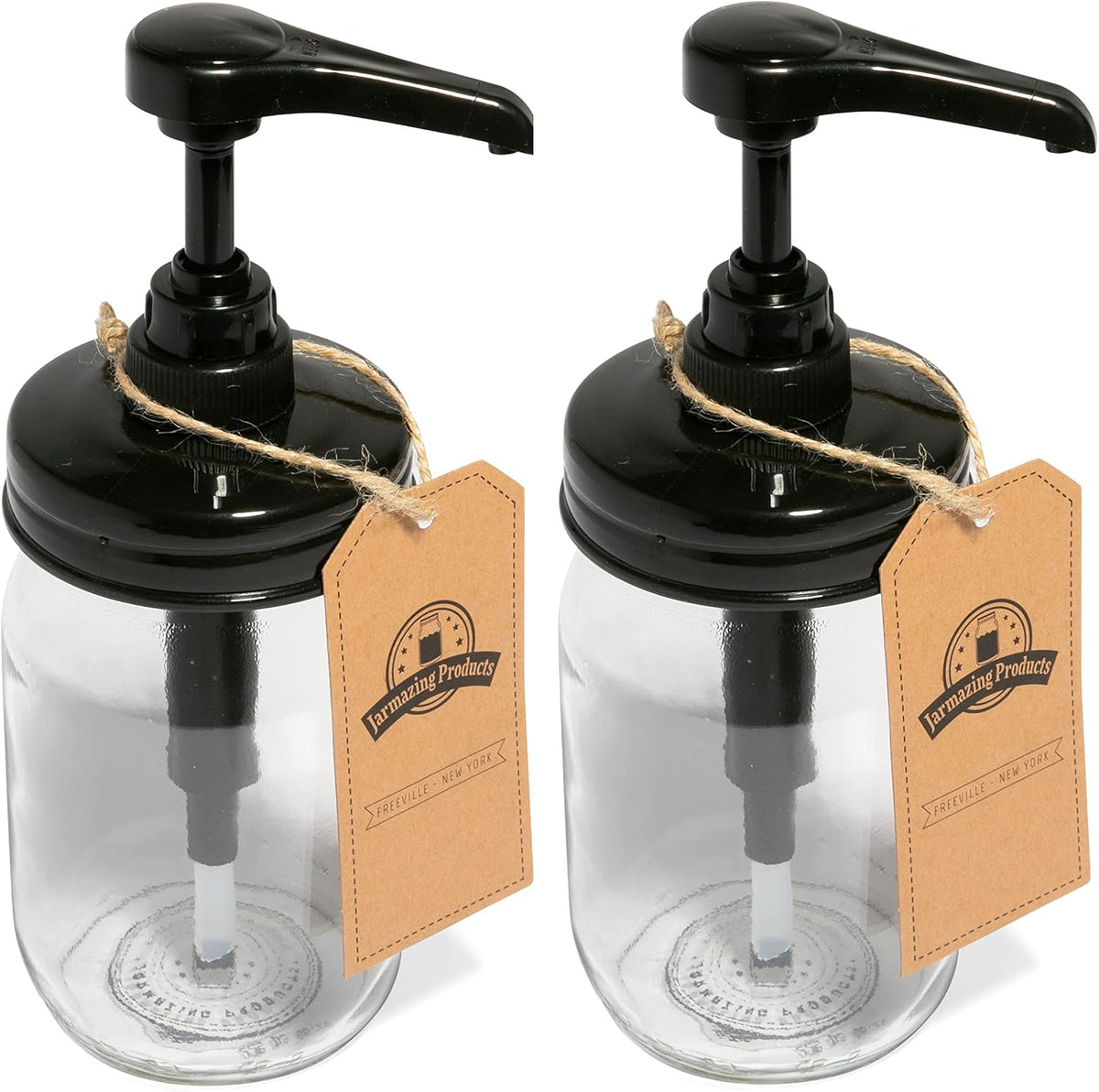 Jarmazing Products Mason Jar Syrup Dispenser - Set of 2 – 16 oz Ball Jars with Rust-Proof, Leak-Proof, Food Grade Pumps for Honey, Syrups, Condiments, Salad Dressings and More