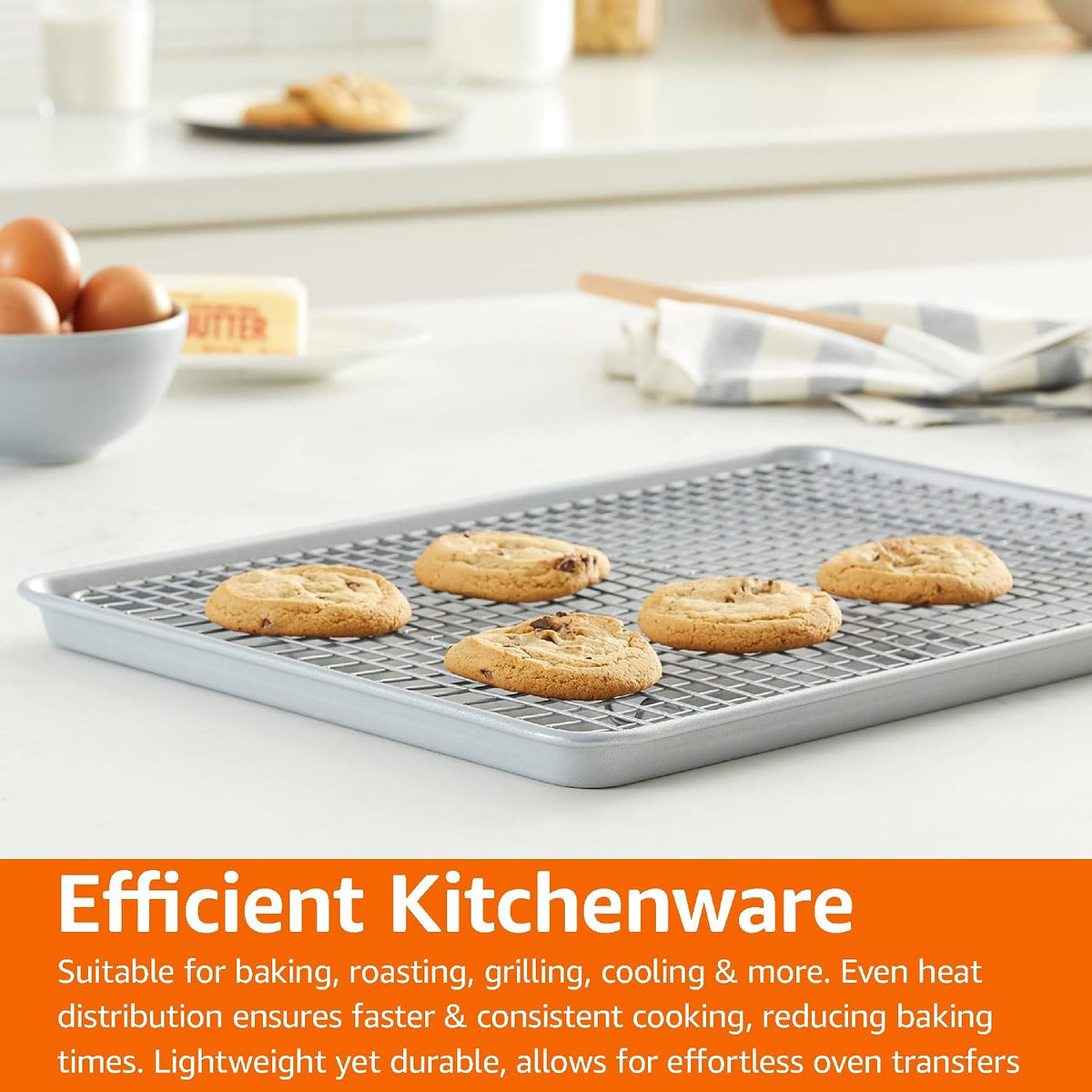 Amazon Basics Ceramic Nonstick Baking Sheets & Cooling Rack Set, Dishwasher Safe, Oven Safe, Half Sheet Size, Gray