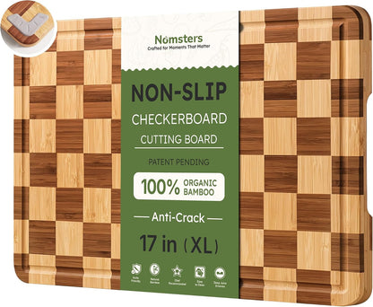 3 Pack Bamboo Cutting Board Set Checkered Wooden Cutting Board for Kitchen Non Toxic Charcuterie Board Serving Non Slip End Grain Wood Chopping Board for Meat Fruit Cheese Kitchen Housewarming Gift