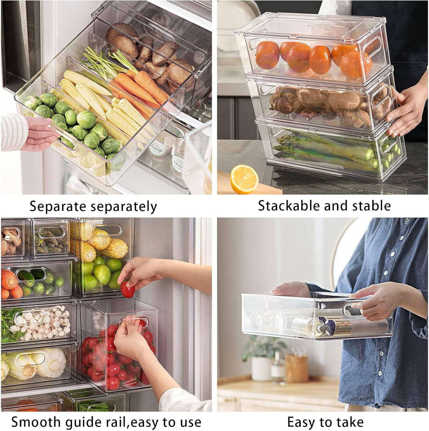 Mano Stackable Fridge Drawers Pull Out Bins with Handle Clear Refrigerator Drawers Organizer Food Storage Container Box with Dividers Plastic Produce Saver for Pantry, Cabinet, Kitchen, Clothes（7Pack）