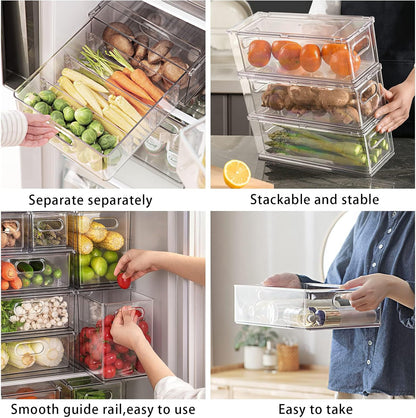Mano Stackable Fridge Drawers Pull Out Bins with Handle Clear Refrigerator Drawers Organizer Food Storage Container Box with Dividers Plastic Produce Saver for Pantry, Cabinet, Kitchen, Clothes（7Pack）