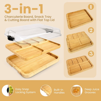 Charcuterie Board with Lid 3-in-1, Portable Bamboo Serving Tray with Lid & Removable Snack Tray for Cheese, Fruit, Food - Covered Cheese Platter for Picnic, Travel, Ready-to-Gift