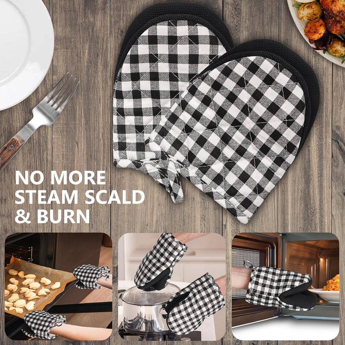 1 Pair Short Oven Mitts - Silicone Kitchen Oven Gloves High Heat Resistant 500℉, Mini Oven Mits with Non-Slip Grip Surfaces and Hanging Loop for BBQ, Baking, Cooking and Grilling (Black)