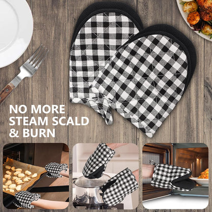 1 Pair Short Oven Mitts - Silicone Kitchen Oven Gloves High Heat Resistant 500℉, Mini Oven Mits with Non-Slip Grip Surfaces and Hanging Loop for BBQ, Baking, Cooking and Grilling (Black)