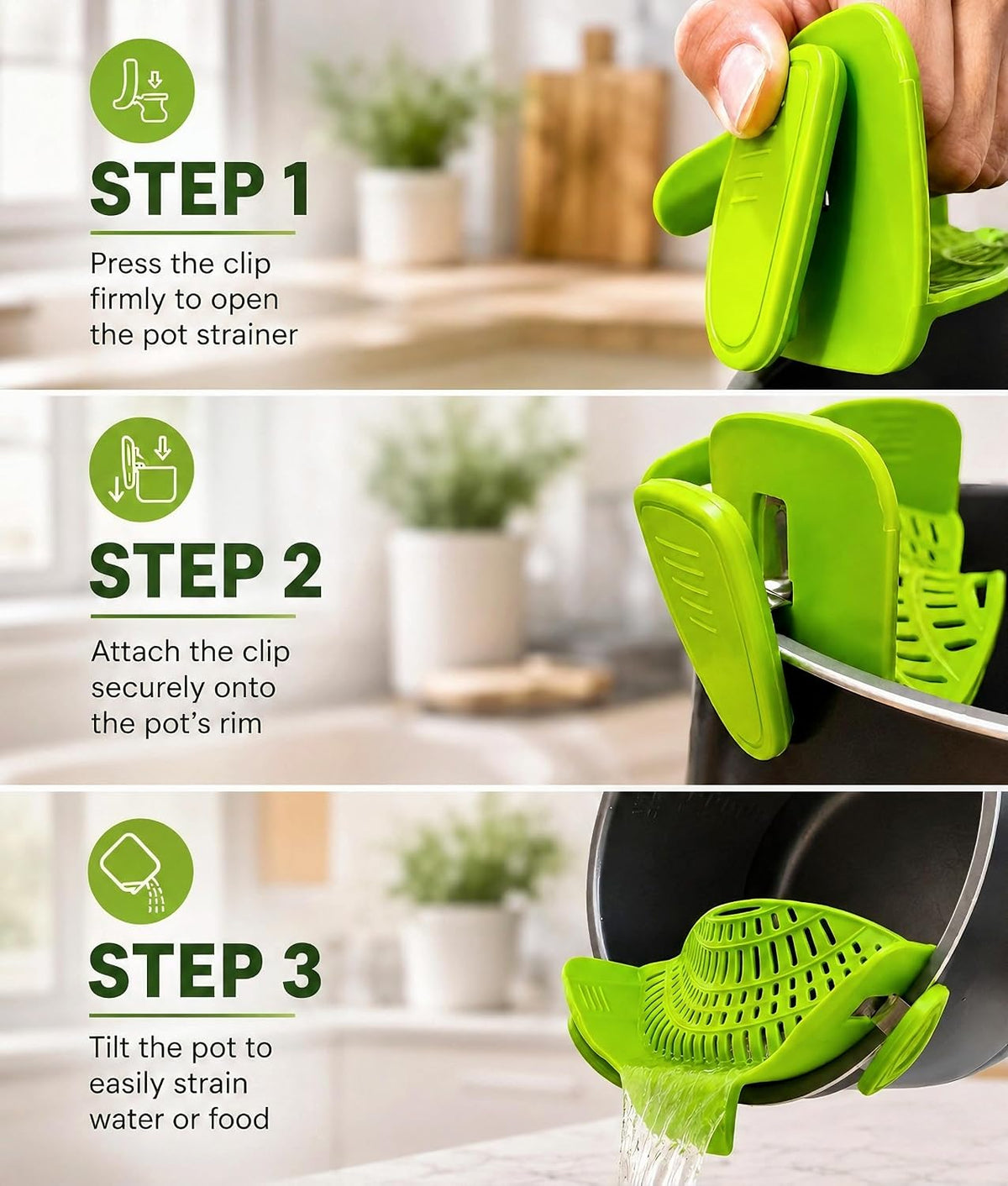 Clip On Pot Strainer for Pots, Pans & Bowls, Silicone Heat Resistant Food Grade Pot Colander, Pasta & Cooking Drainer, Hands-Free Kitchen Strainer with Universal Clip, Dishwasher Safe, Green