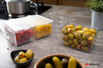 Pikanty Clear Refrigerator Organizer Bin with Handles — 15 Inch Stackable Fridge and Pantry Storage Container for Snacks, Produce, Cans, Yogurt, Condiments, Dishwasher and Freezer Safe, Made in USA