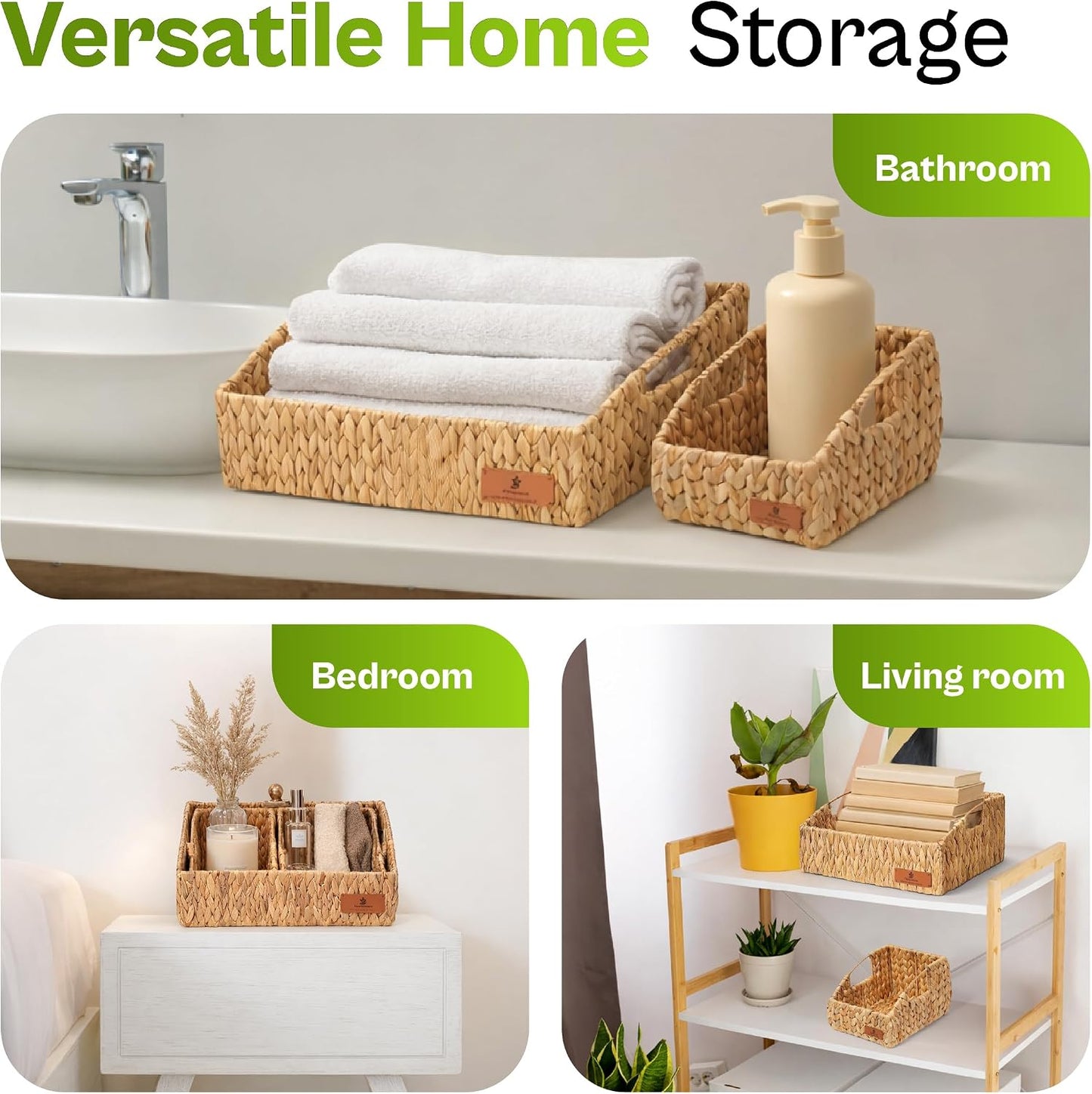 Storage Baskets for Shelves Set of 3, Open-Top Wicker Baskets with Handles, Shelf Organizer Baskets for Pantry, Closet & Bathroom, Water Hyacinth Storage Baskets with Tissue Box Cover