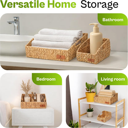 Storage Baskets for Shelves Set of 3, Open-Top Wicker Baskets with Handles, Shelf Organizer Baskets for Pantry, Closet & Bathroom, Water Hyacinth Storage Baskets with Tissue Box Cover