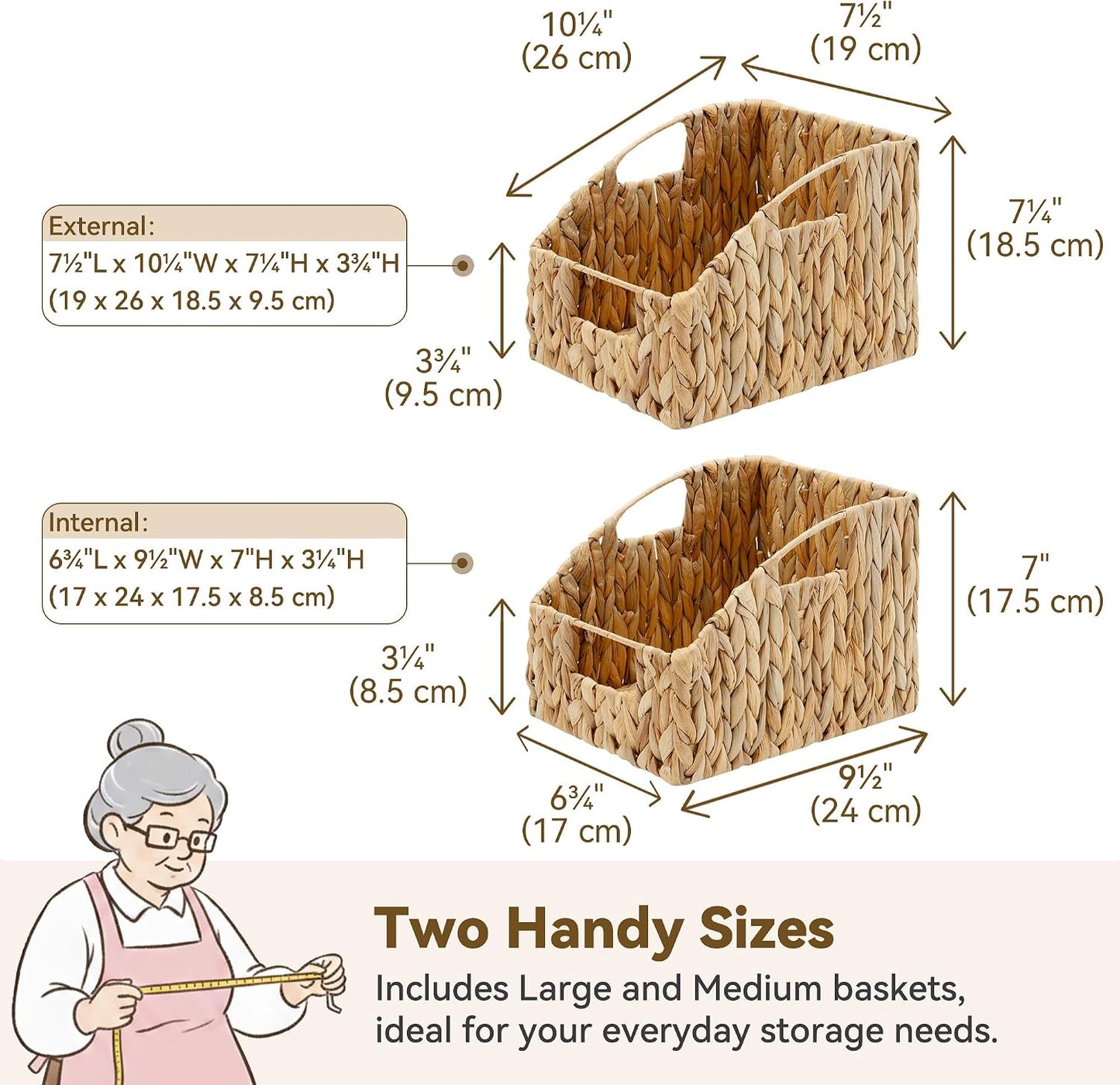 GRANNY SAYS Wicker Storage Baskets for Shelves, Trapezoid Woven Basket with Handles, Storage Wicker Baskets for Pantry, Water Hyacinth, 2-Pack