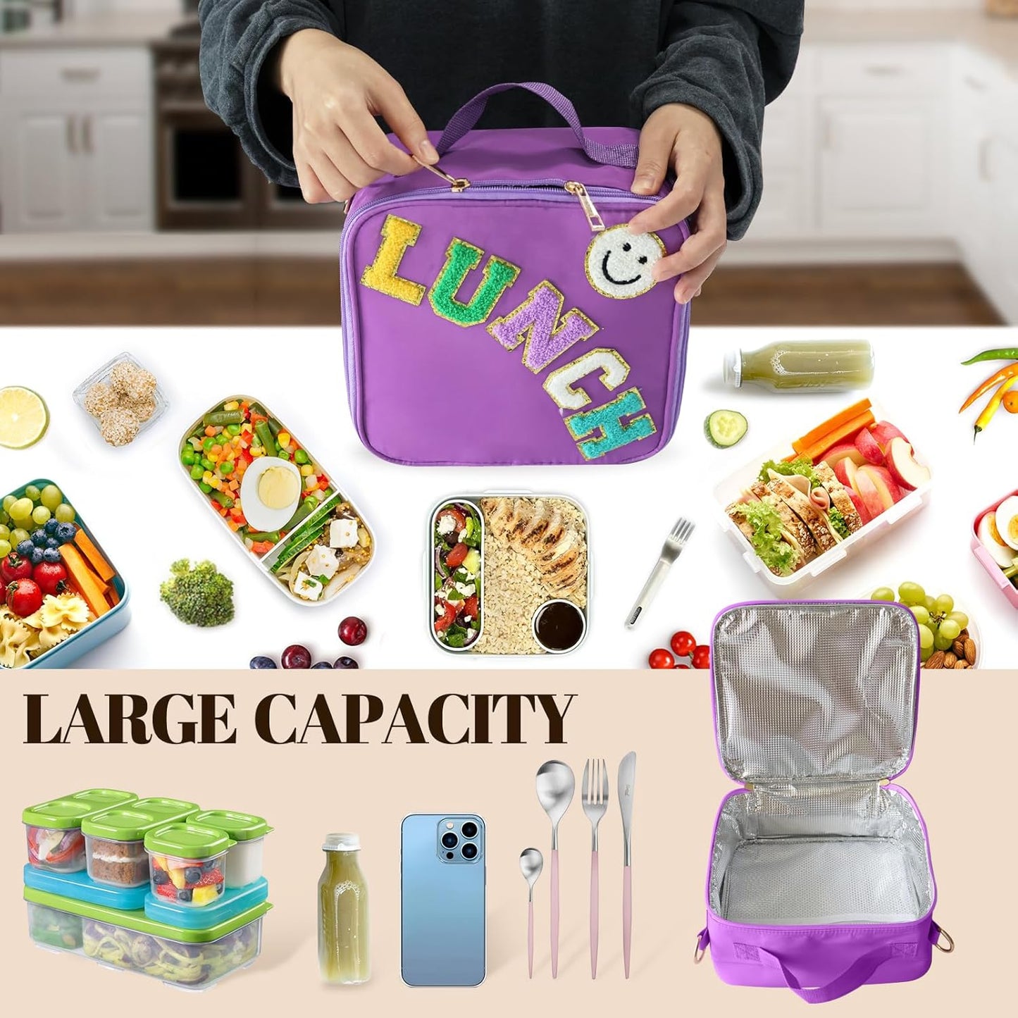 Insulated Lunch Bag With Adjustable Shoulder Strap, Nylon Preppy Lunch Box Large Insulated Lunch Bag Reusable Lunch Tote Bag with Smiley Preppy LunchBag for Girls School Travel Picnic (Green)