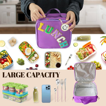 Insulated Lunch Bag With Adjustable Shoulder Strap, Nylon Preppy Lunch Box Large Insulated Lunch Bag Reusable Lunch Tote Bag with Smiley Preppy LunchBag for Girls School Travel Picnic (Green)