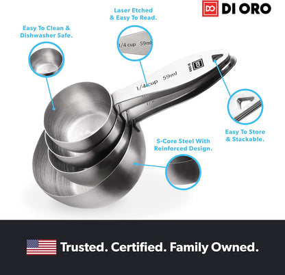 DI ORO Stainless Steel Measuring Cups & Spoons Set - 8-Piece Kitchen Set for Cooking & Baking - Food Grade Metal, Liquid Measuring, Dishwasher Safe