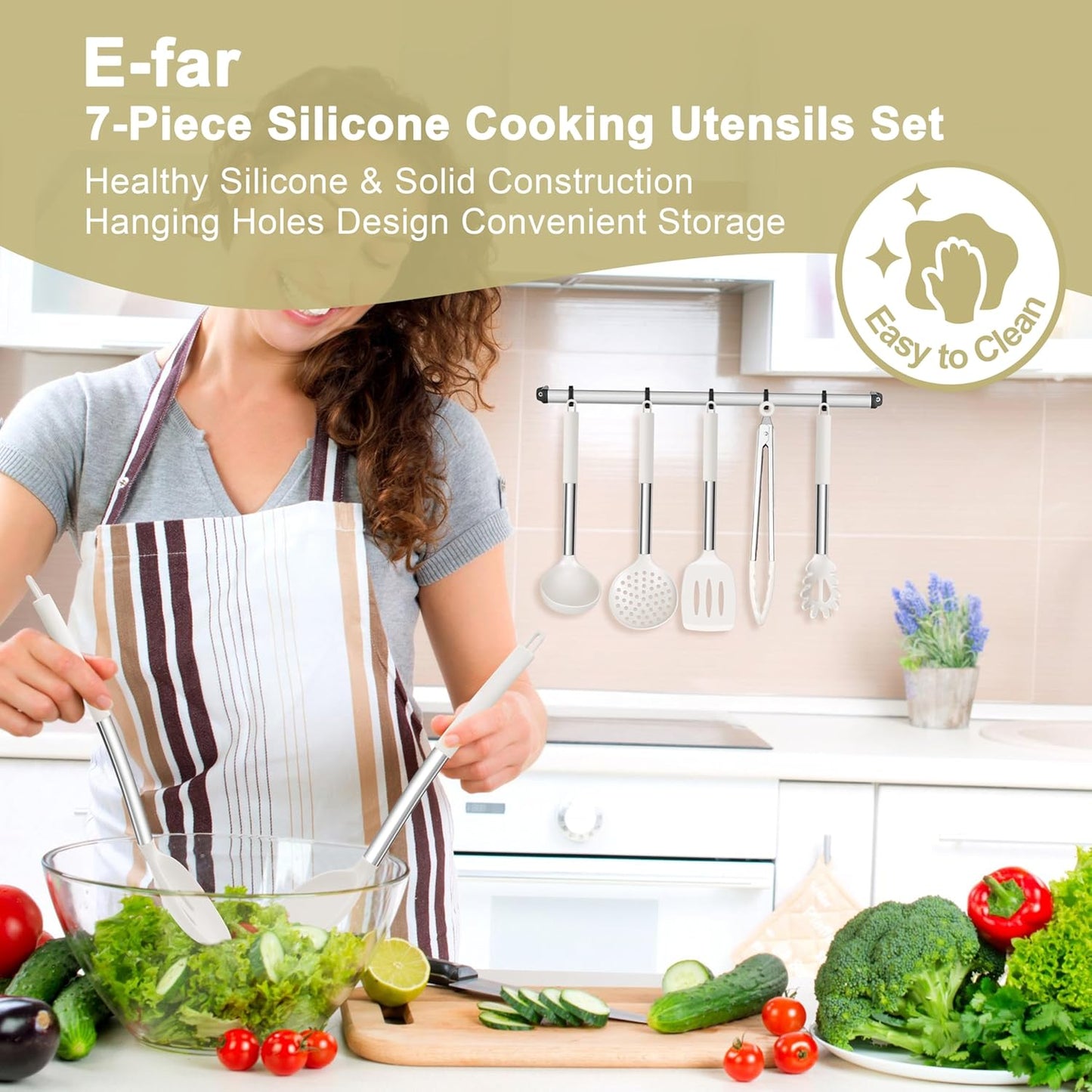 E-far Silicone Cooking Utensils Set, 7 Pcs Heat Resistant Kitchen Utensils with Stainless Steel Handle, Slotted Turner, Spoon, Soup Ladle, Pasta Server, Skimmer, Tongs for Nonstick Cookware, Black