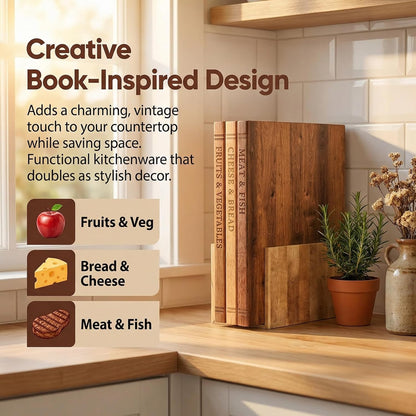 3-Piece Book-Shaped Cutting Board Set - Food Safe, Non-Slip Chopping Boards for Kitchen Organization and Stylish Serving,Acacia Wood