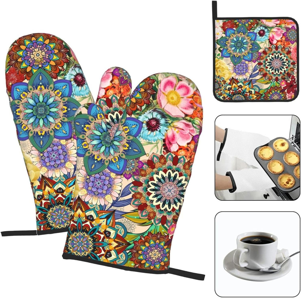 Boho Floral Oven Mitts and Pot Holders Sets of 3, Cute Baker Stuff