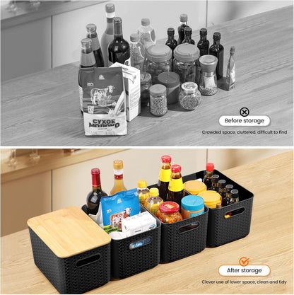 Ohmlove 4 Packs Storage Bins with Bamboo Lids - Plastic Storage Containers with Lids Stackable Storage Box：Storages Baskets for Organizing Desktop Closet Playroom Classroom Office,White