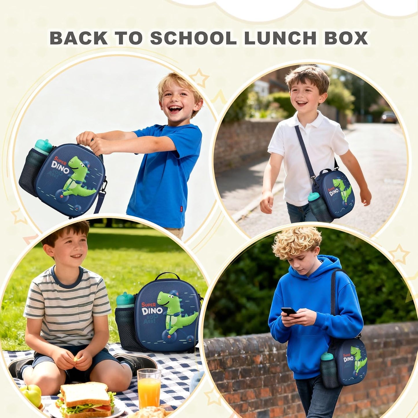 Kids Lunch Box for Kids Insulated Reusable Lunch Bag Tote Durable Children Leak-proof Lunchbox with Adjustable Shoulder Strap for School Daycare Travel Picnic (Navy - 3D Dinosaur)