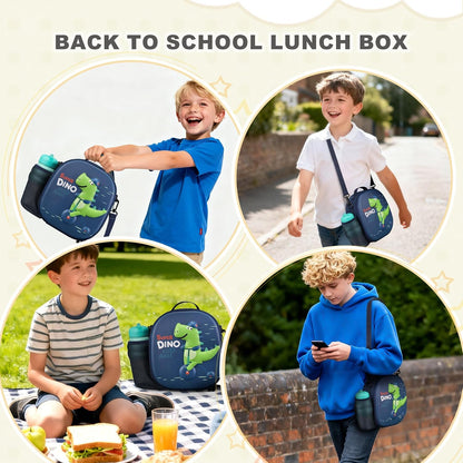 Kids Lunch Box for Kids Insulated Reusable Lunch Bag Tote Durable Children Leak-proof Lunchbox with Adjustable Shoulder Strap for School Daycare Travel Picnic (Navy - 3D Dinosaur)