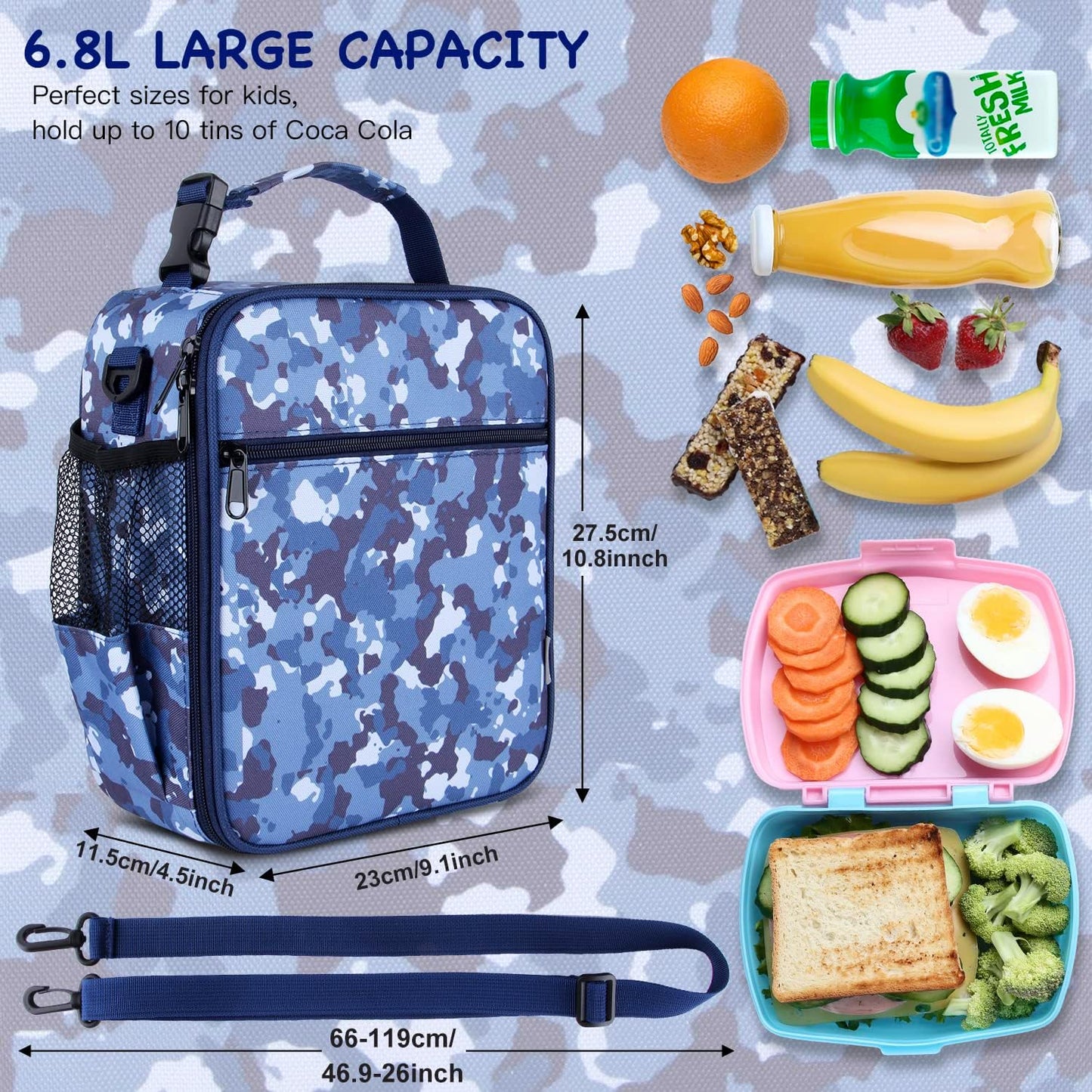 Kids Insulated Lunch Box Bag, Thermal Picnic Cool Bags with Adjustable Strap for Adults Children Women Men Boys Girls School Work (CAM-Blue)