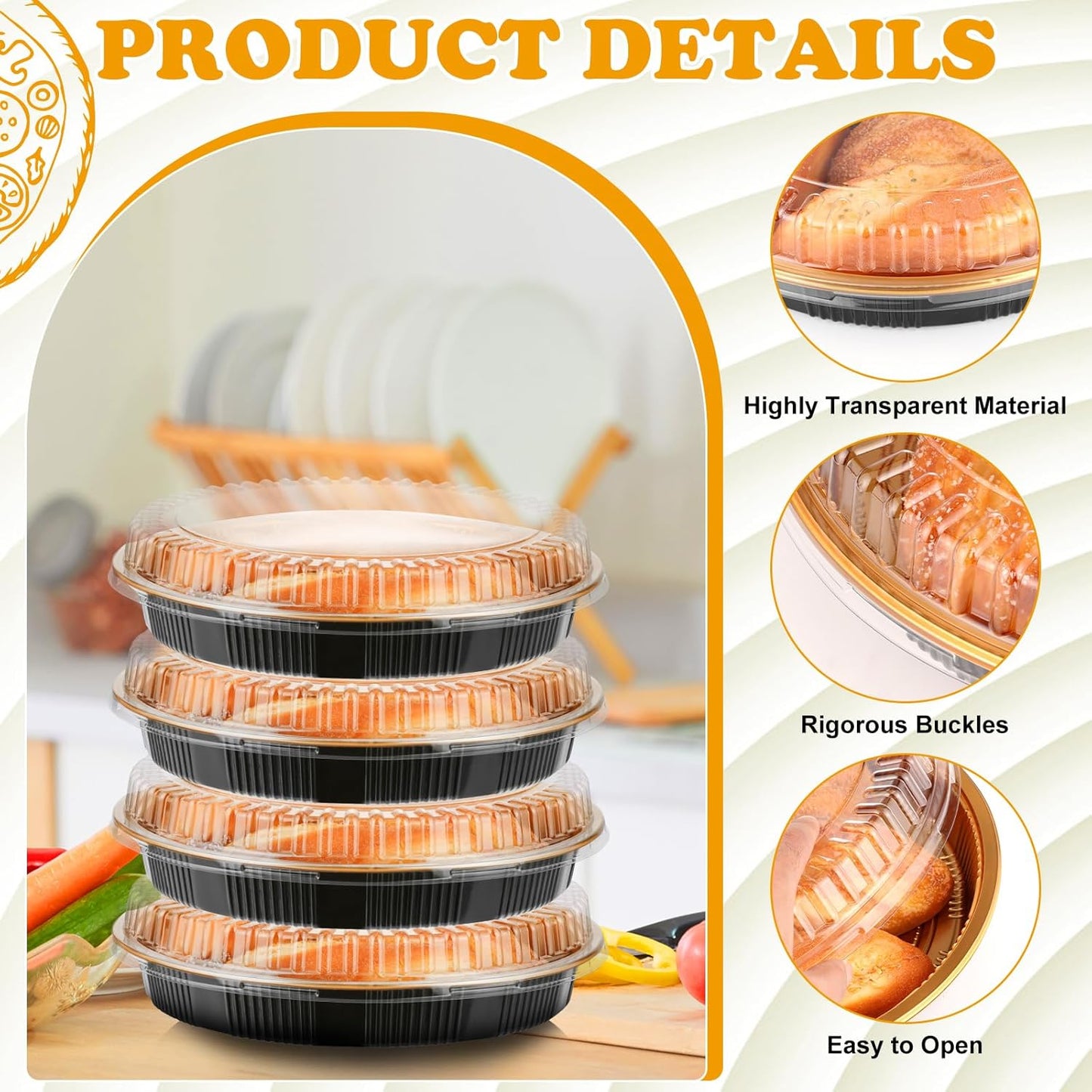 Yoiemivy 24 Pack Disposable Pie Carrier with Clear Lid, 9'' Plastic Serving Tray Round Pie Platters Pizza Container for Pies Salad Meal Prep