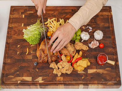 AZRHOM Large Wood Cutting Boards Set of 4 for Kitchen Cheese Charcuterie Board (Gift Box Included) Acacia Butcher Block with Non-slip Mats, Juice Groove and Handles (16x12, 14x10, double 11x8 inch)-4