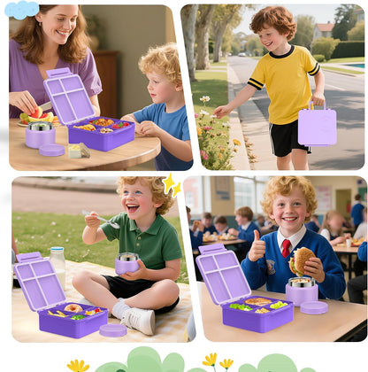 Lunch Box Kids with 5 Compartments, Insulated Food Jar & Utensils, Leak Proof Bento Box with Sauce Container, BPA-Free & Dishwasher Safe, Dinosaur Design(Purple)