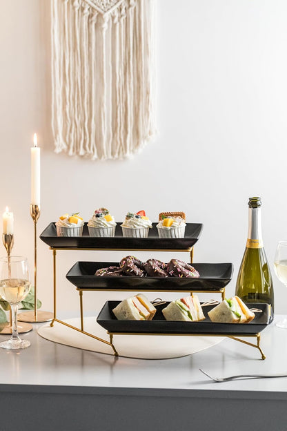 LYEOBOH 3 Tier Serving Bowls Set Tiered Serving Stand, Porcelain Oval Bowls with Collapsible Metal Stand for Entertaining, Party, Dessert Display, Candy, Chip and Dip (Gold)-45oz / 17.5oz / 7oz