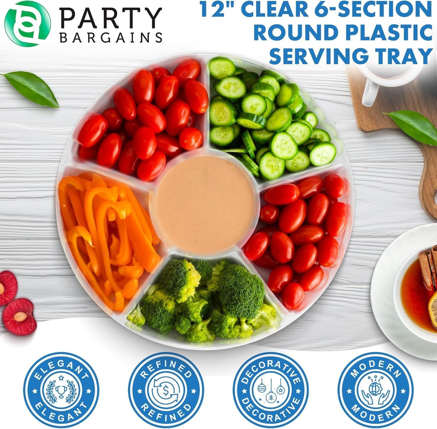 PARTY BARGAINS 12" Round Plastic Serving Tray, 6-Sections, Clear, Pack of 1