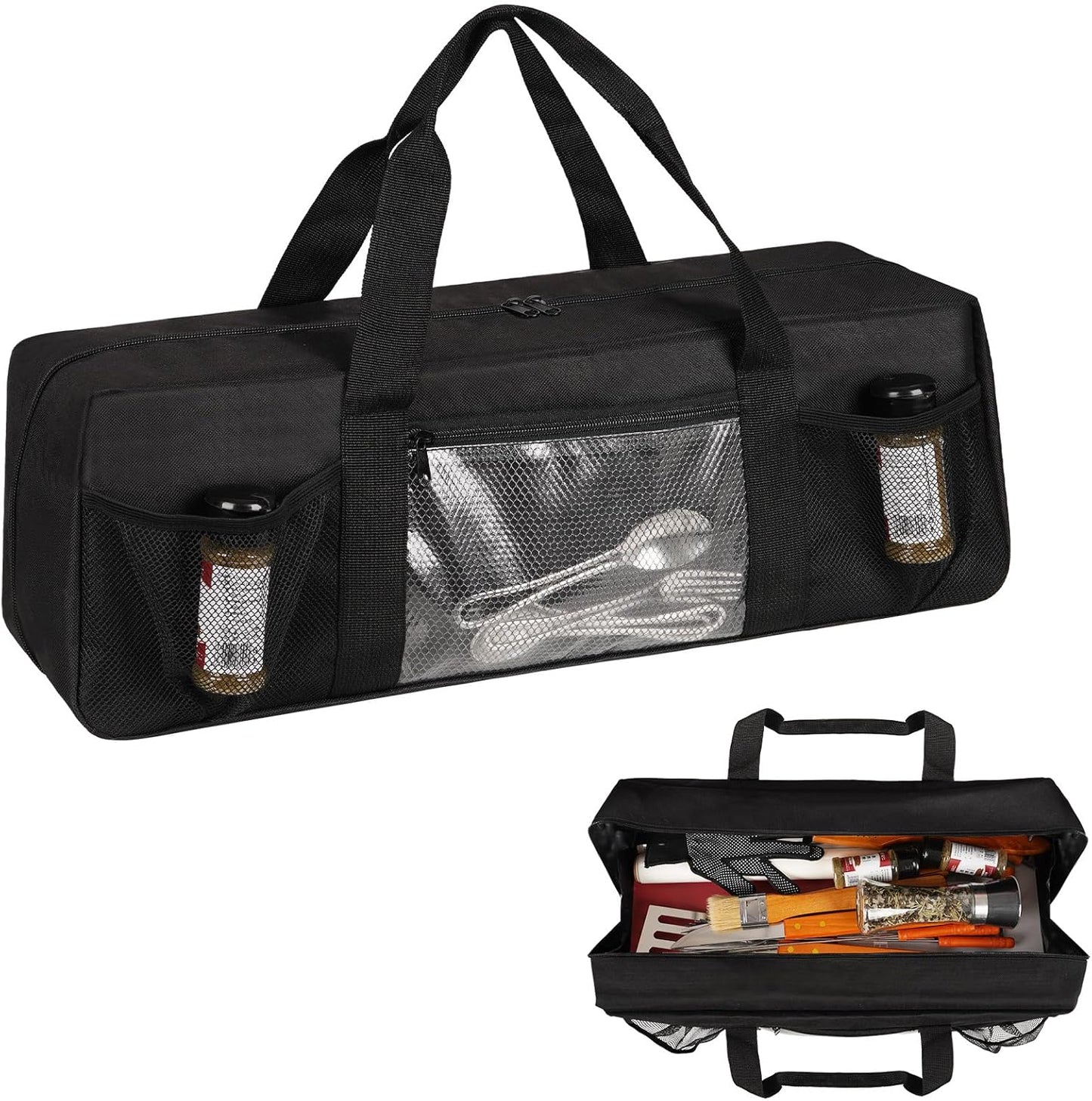 Grill Tool Storage Bag, Large Grill Utensil Storage Caddy with Pockets, BBQ Tools Storage Bag for Outdoor Camping(Brown)