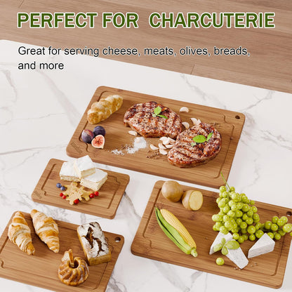 Bamboo Cutting Boards for Kitchen, Wood Cutting Board Set with Juice Grooves & Built-in Handles, Large Medium Small Chopping Board for Meat, Vegetables, Fruit