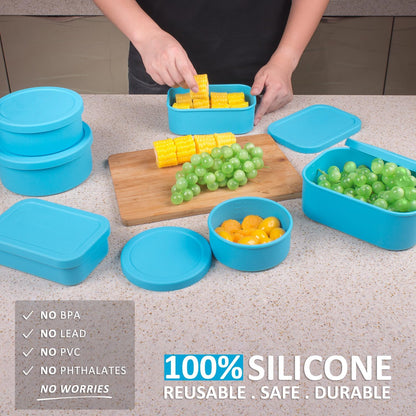 100% Silicone Food Storage Containers with Lids, 8 Pack, 10oz to 51oz, Reusable Leakproof Nesting & Stackable Silicone Bento Lunch Box, Microwave Freezer Dishwasher Oven Safe, BPA Free, Slate Green
