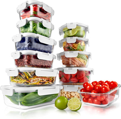 NutriChef 24pcs Glass Food Storage Containers, (12 Stackable Heavy Duty Meal Prep Containers w/ 12 Airtight Lids), Microwave, Freezer, & Dishwasher Safe for Food, Snacks, Fruit & More, (Gray)