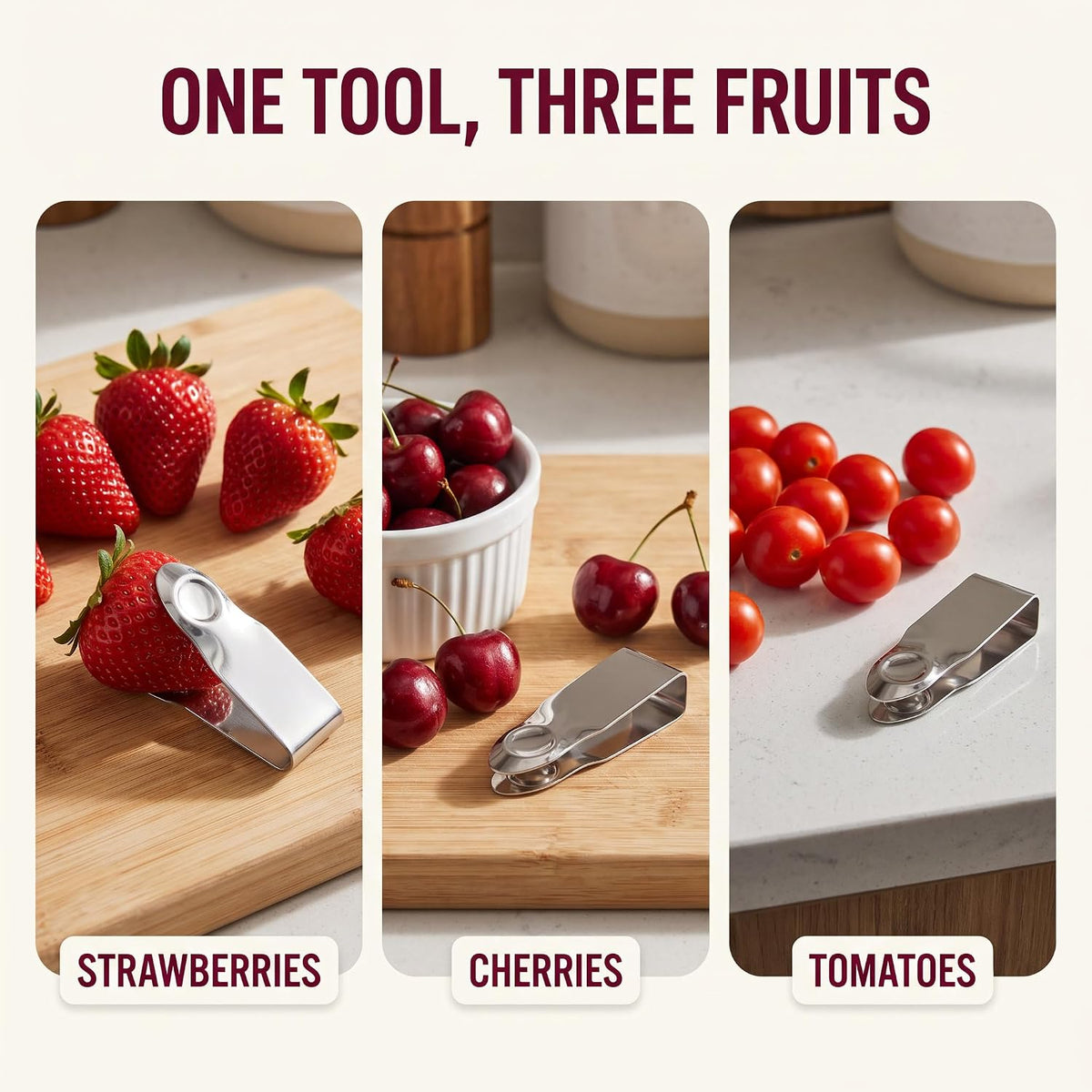 3Pcs Silver Stainless Steel Strawberry Huller Fruit Stem Remover Home Kitchen Tools for Cherry Tomato