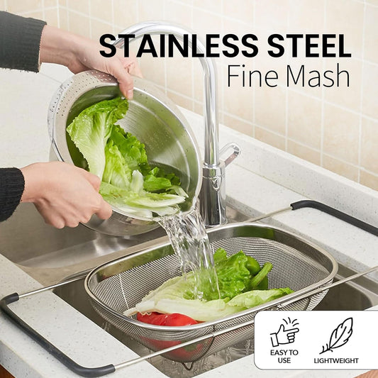 Alpine Cuisine Stainless Steel Over the Sink Colander Strainer 14x9.5 In with Expandable Handle Food Preparation | Space-Saving Kitchen Tools for Pasta Vegetables Fruits Cooking | Easy to Clean & Use