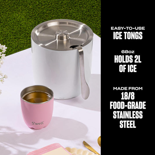 S’well Stainless Steel Ice Bucket with Tongs, 68oz Capacity, Teakwood Pattern Finish, Triple-Layer Vacuum Insulated to Keep Ice Colder Longer, BPA-Free Barware