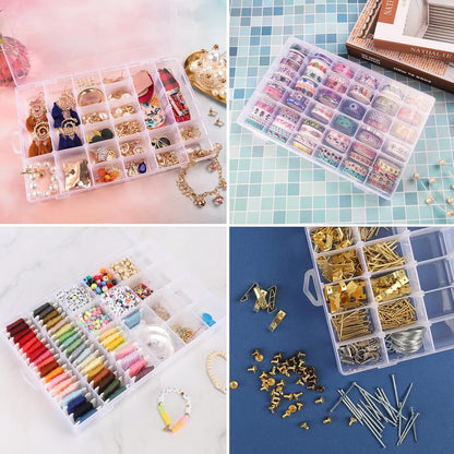 2 Pack Clear Bead Organizer Tackle Box with Adjustable Dividers for Jewelry Art Craft Containers 36 Grids Compartment with 5 Sheets Label Stickers