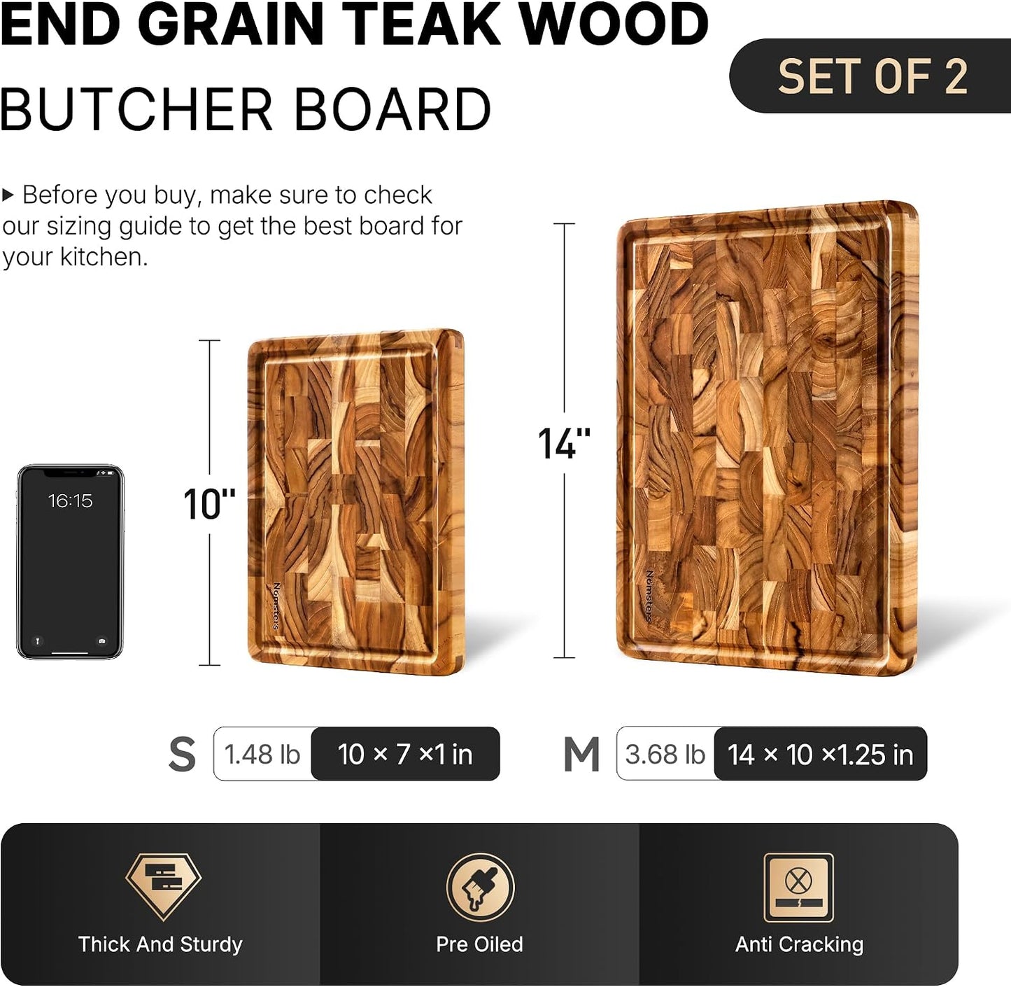 Teak Wood End Grain Cutting Board Set of 2 with Non-slip Feet, Reversible Cutting Boards for Kitchen with Juice Grooves and Handles Non Toxic Chopping Board Butcher Block Serving Tray Kitchen Gift