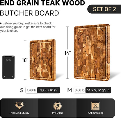 Teak Wood End Grain Cutting Board Set of 2 with Non-slip Feet, Reversible Cutting Boards for Kitchen with Juice Grooves and Handles Non Toxic Chopping Board Butcher Block Serving Tray Kitchen Gift