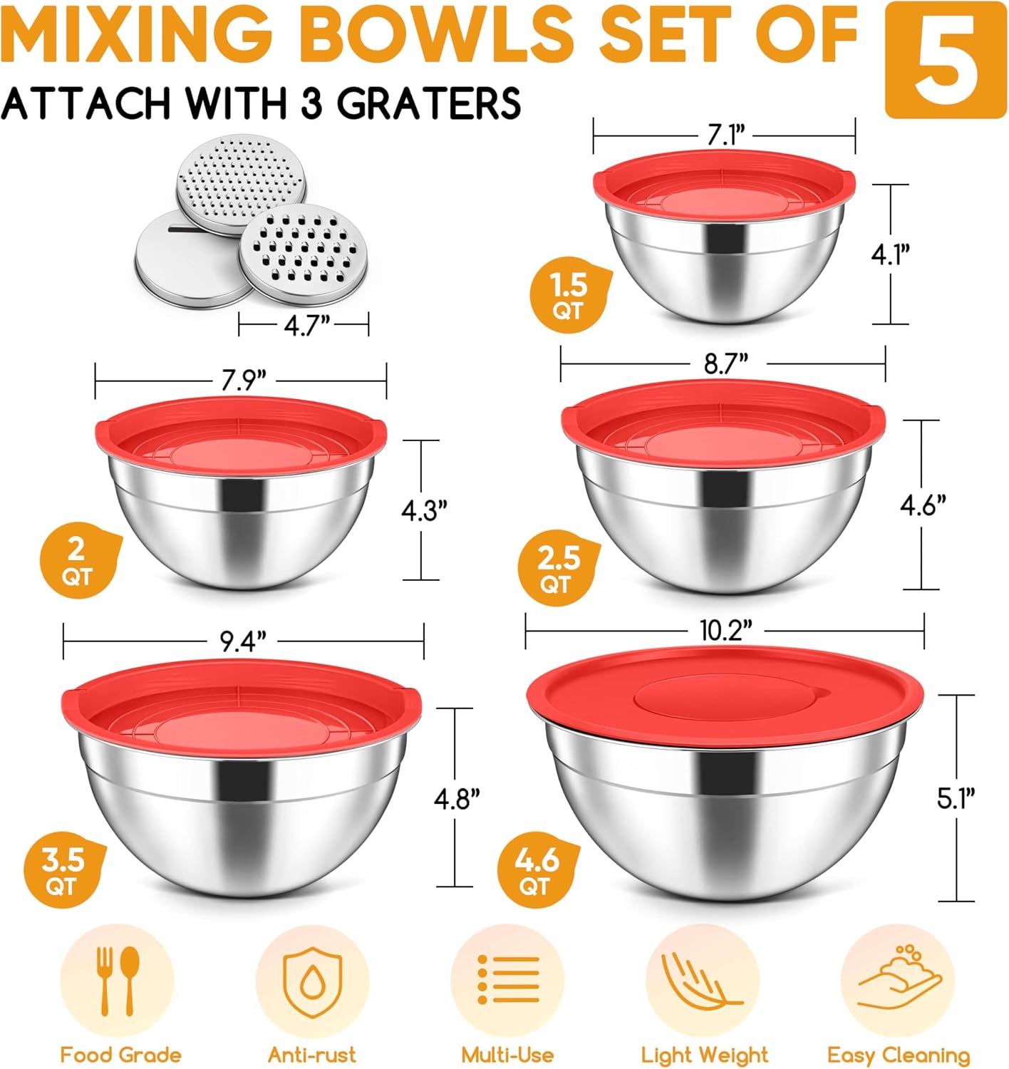 Herogo 5-Piece Mixing Bowls with Airtight Lids, 3 Grater Attachments, Stainless Steel Salad Serving Bowls for Kitchen, Size 4.6, 3.5, 2.5, 2, 1.5QT Ideal for Prepping & Cooking, Black