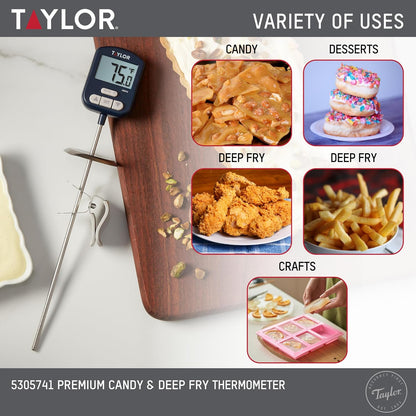 Taylor Programmable Digital Candy and Deep Fry Thermometer with Green Light Alert Display, Long Stem, and Adjustable Pan Clip, White